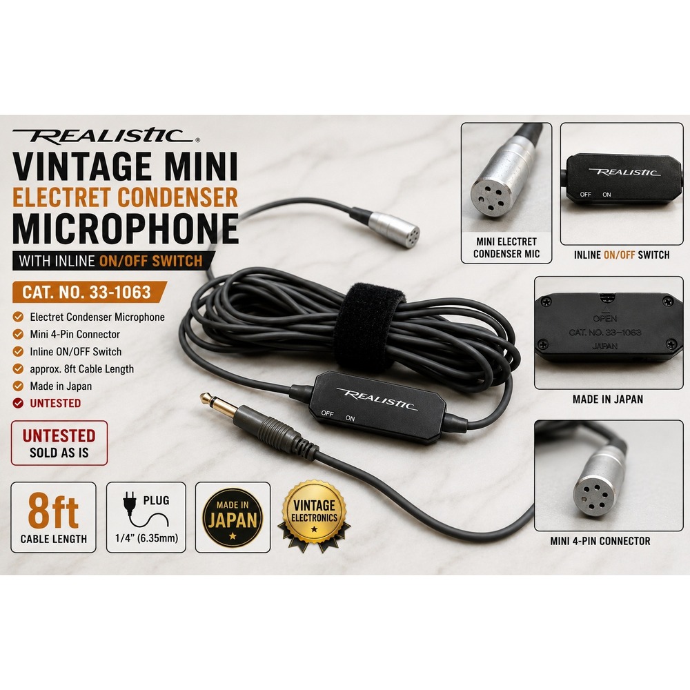 Vintage Realistic Mini Electret Condenser Microphone 33-1063 Japan 8ft 3.5 Plug